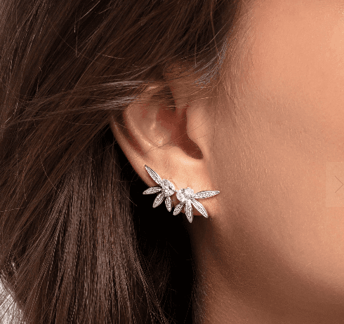 A woman wearing a pair of Leaves Silver Drop Earrings with white diamonds. Thomas Sabo H2105-051-14.
