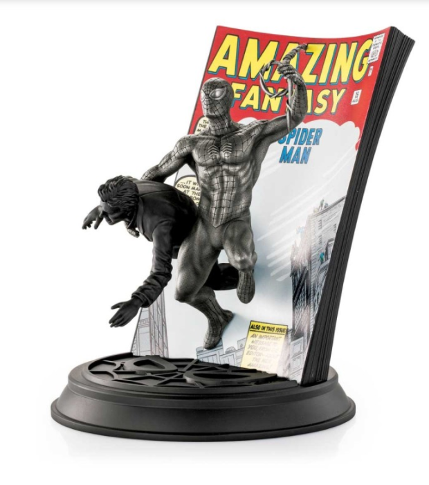 A Limited Edition Spider-Man Amazing Fantasy #15 0179017 statue on a stand.