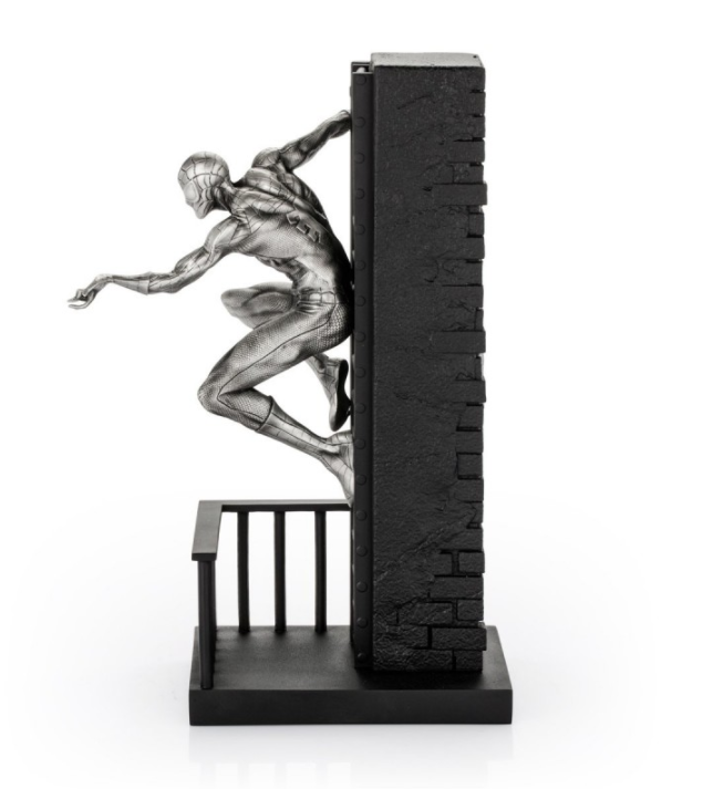 A black and silver Limited Edition Spider-Man Figurine 017938 jumping over a wall.