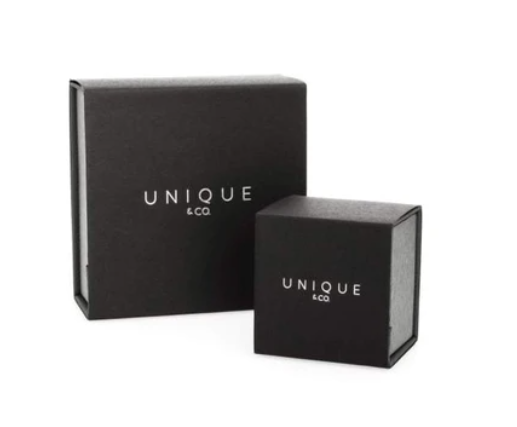 A black box with the word MEN'S LEATHER WOVEN BRACELET ANTIQUE BLACK BY UNIQUE & CO on it.