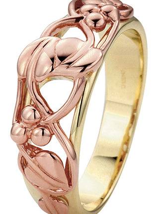 A gold and rose gold Clogau Tree of Life® Ring TLR with a floral design.