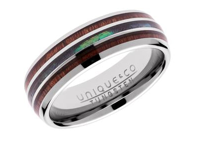 A TUNGSTEN RING TUR-100 BY UNIQUE & CO with wood and opal inlays.