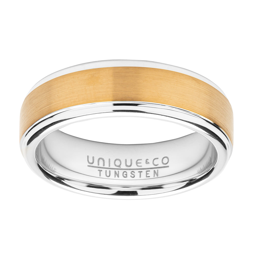 A TUNGSTEN RING WITH GOLD INLAY TUR-121 BY UNIQUE & CO with a brushed finish.