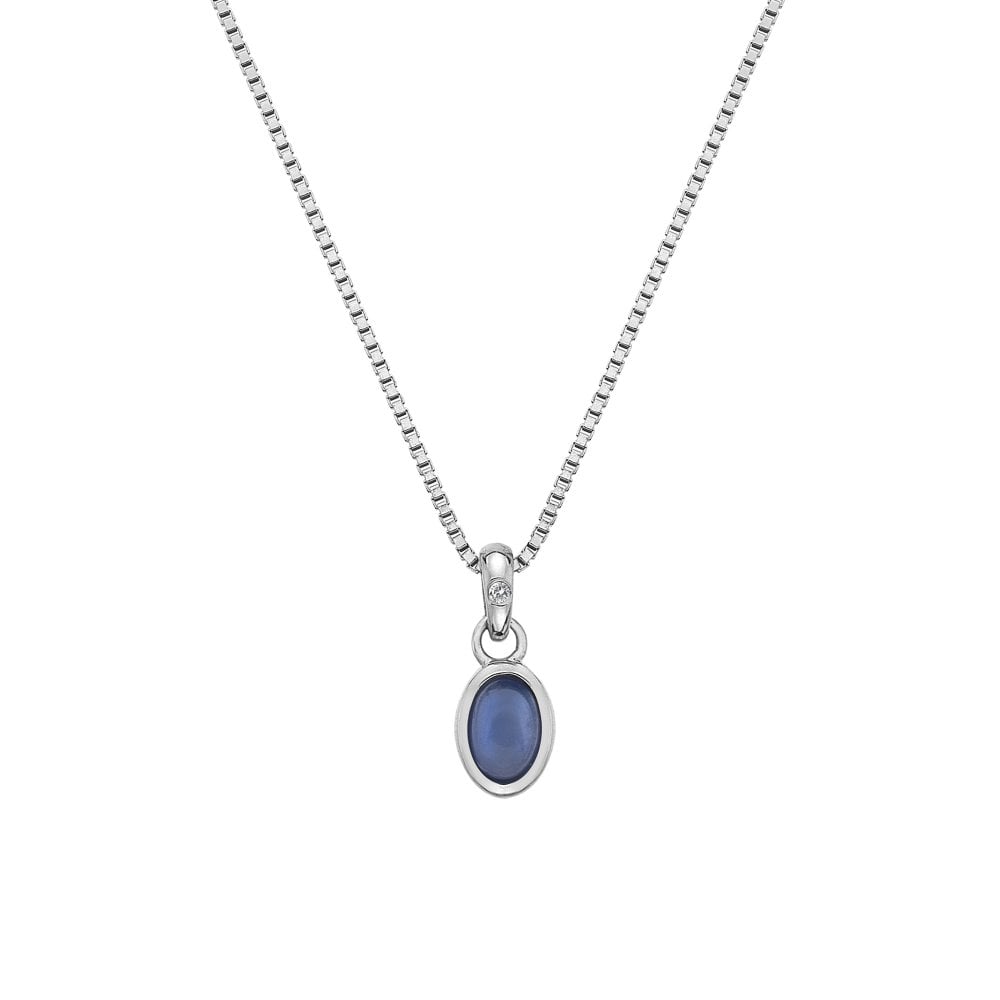 A Birthstone Necklace September- Blue Agate with a blue stone on a silver chain.