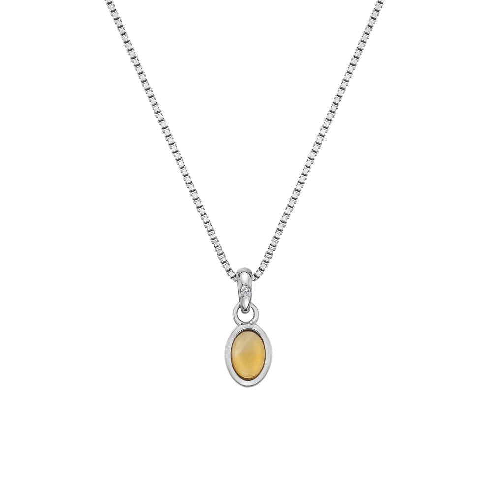 A Birthstone Necklace November – Citrine with a yellow stone on a silver chain.