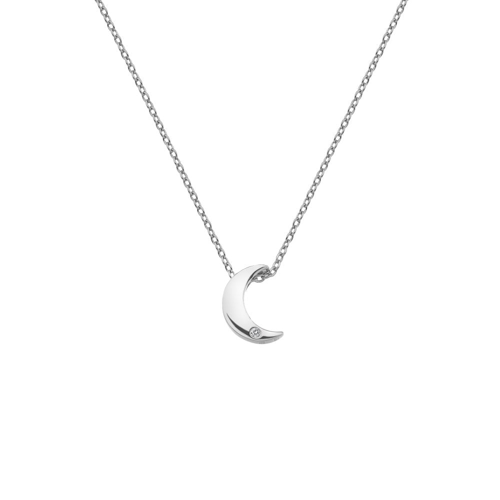 A silver necklace with a Diamond Amulet Crescent Pendant.