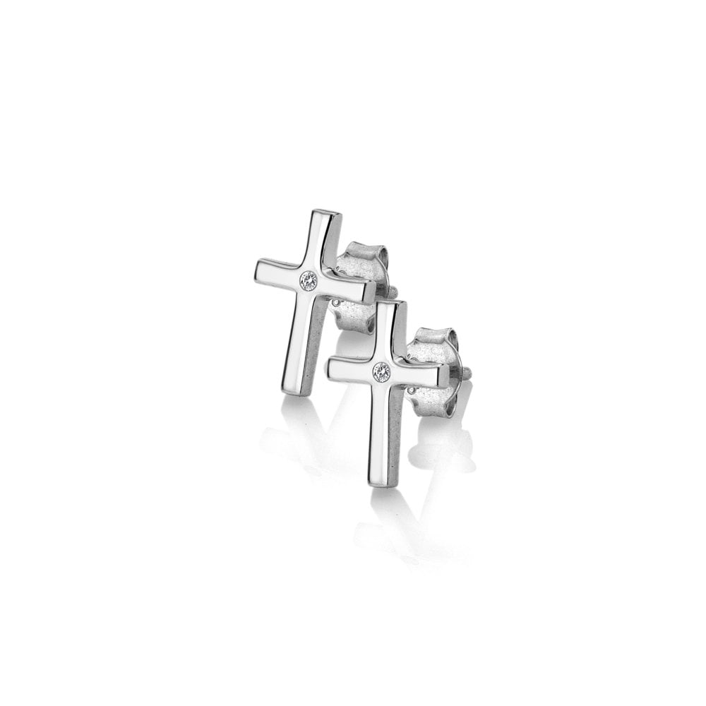 A pair of Diamond Amulet Cross Earrings on a white background.