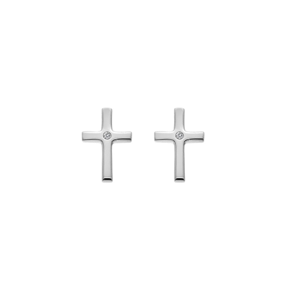 A pair of Diamond Amulet Cross Earrings on a white background.