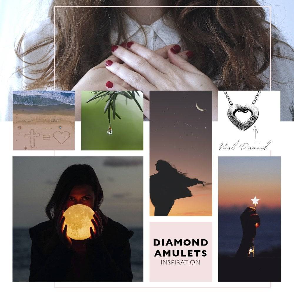 A collage with pictures of a woman holding Diamond Amulet Teardrop Earrings.
