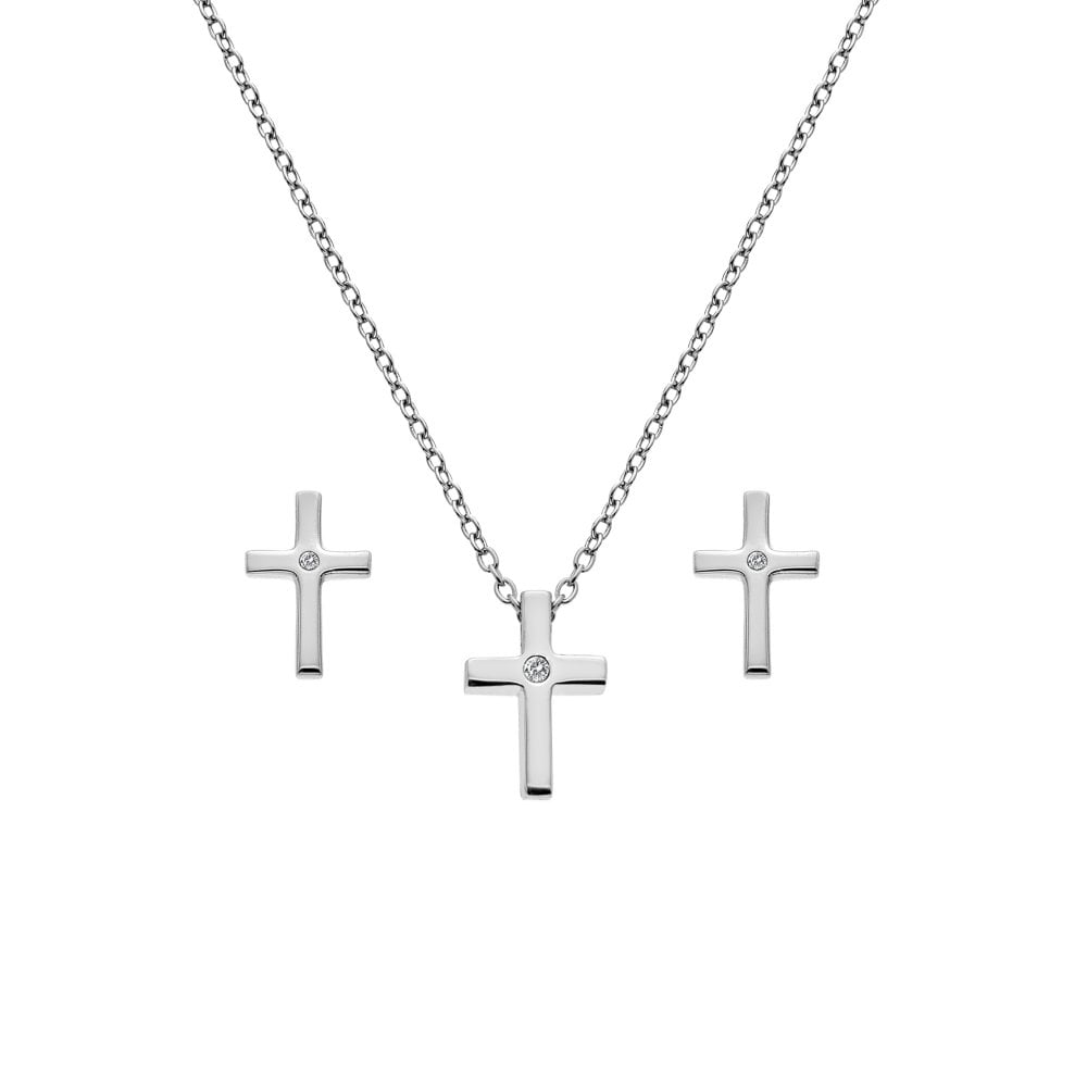 A HOT DIAMONDS Amulets Cross Gift Set - SS134 necklace and earring set on a white background.