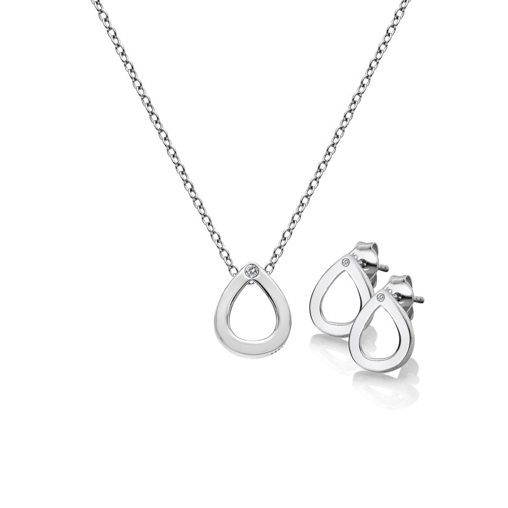 A HOT DIAMONDS Amulets Teardrop Gift Set – SS135 - a silver necklace and earring set with a tear shaped pendant.