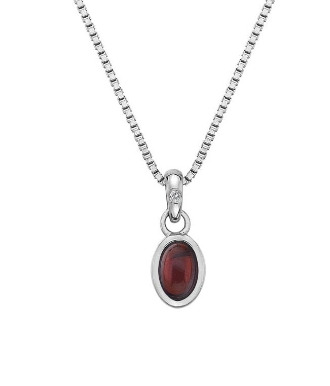 A close-up of a January Birthstone Necklace – Garnet.