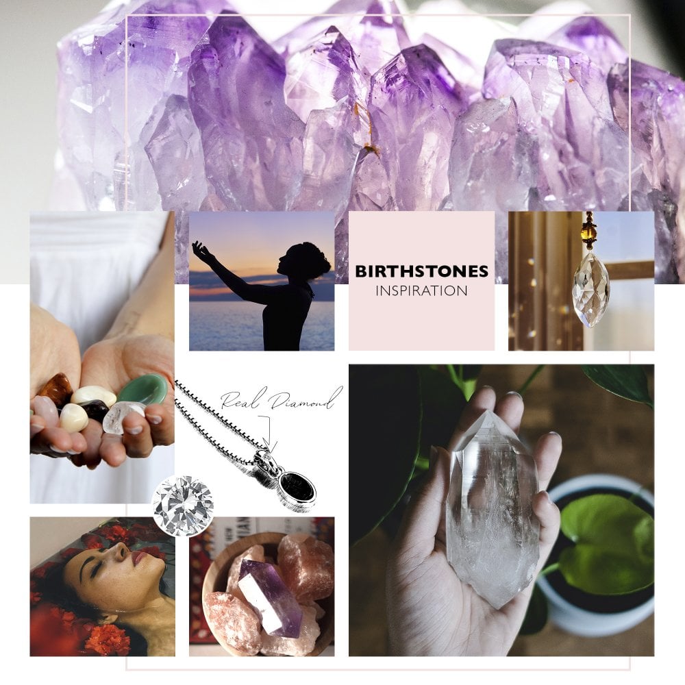 A collage of images with the February Birthstone Necklace – Amethyst.