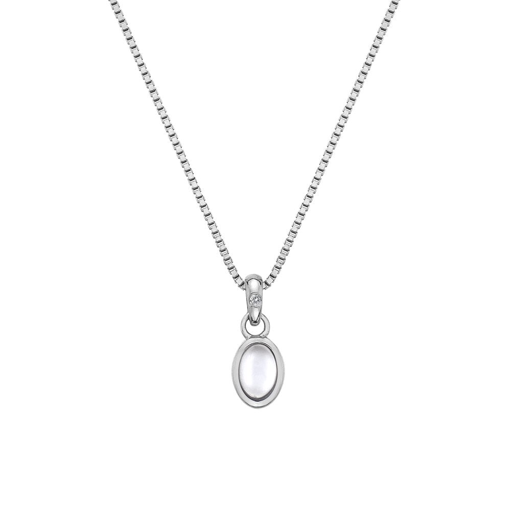 A Birthstone Necklace June- Moonstone with a white oval pendant on a silver chain.