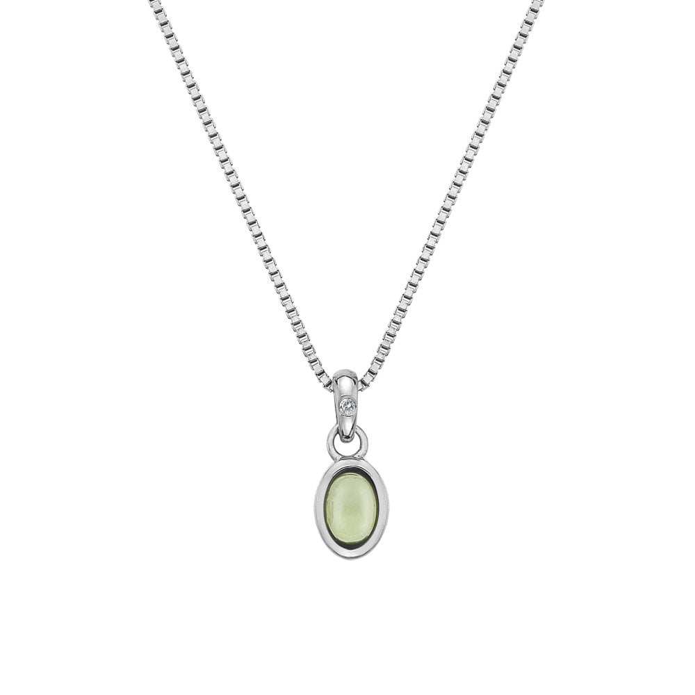 A Birthstone Necklace August- Peridot with a green stone on a silver chain.