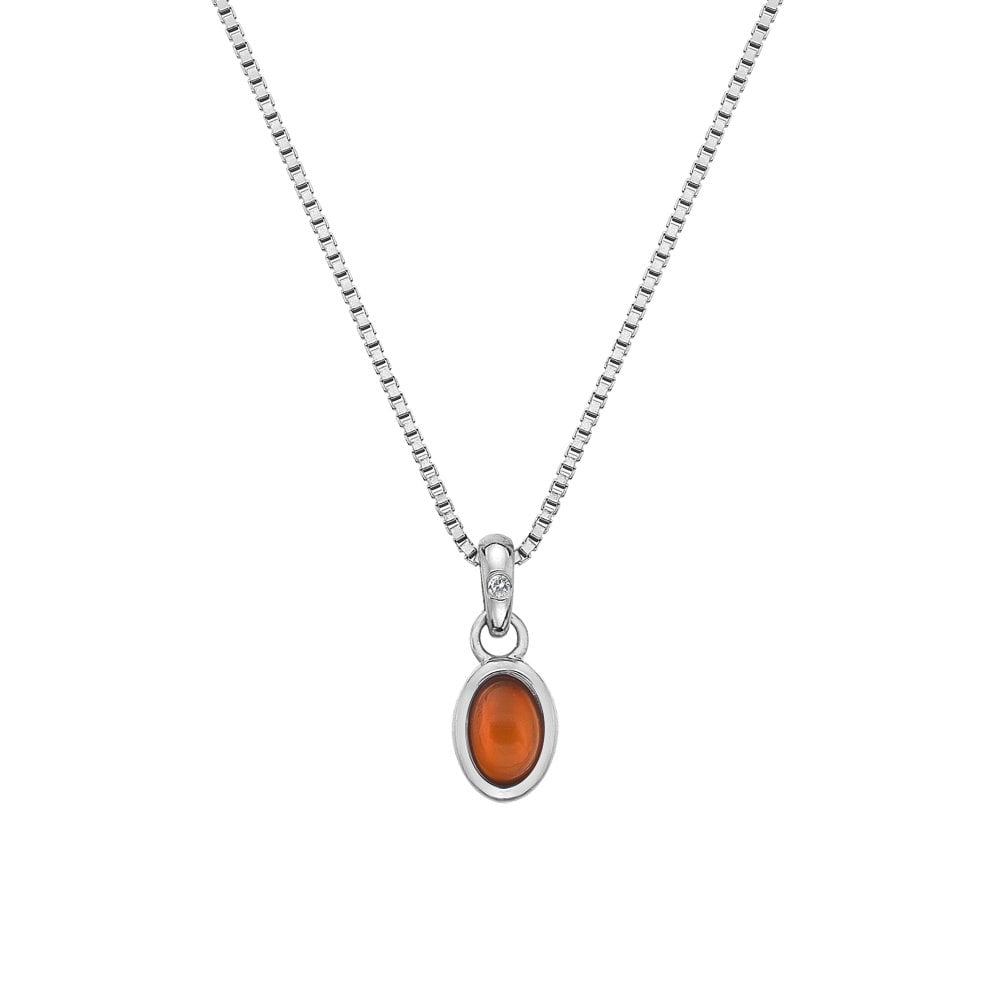 A Birthstone Necklace July – Red Carnelian with an orange stone on a silver chain.