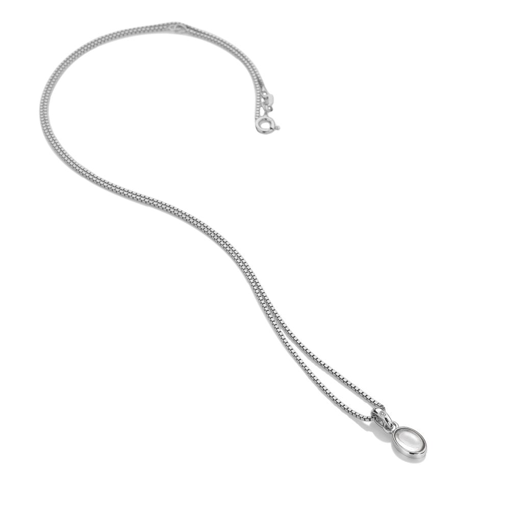 A silver Birthstone Necklace April – White Topaz with a small pendant on it.