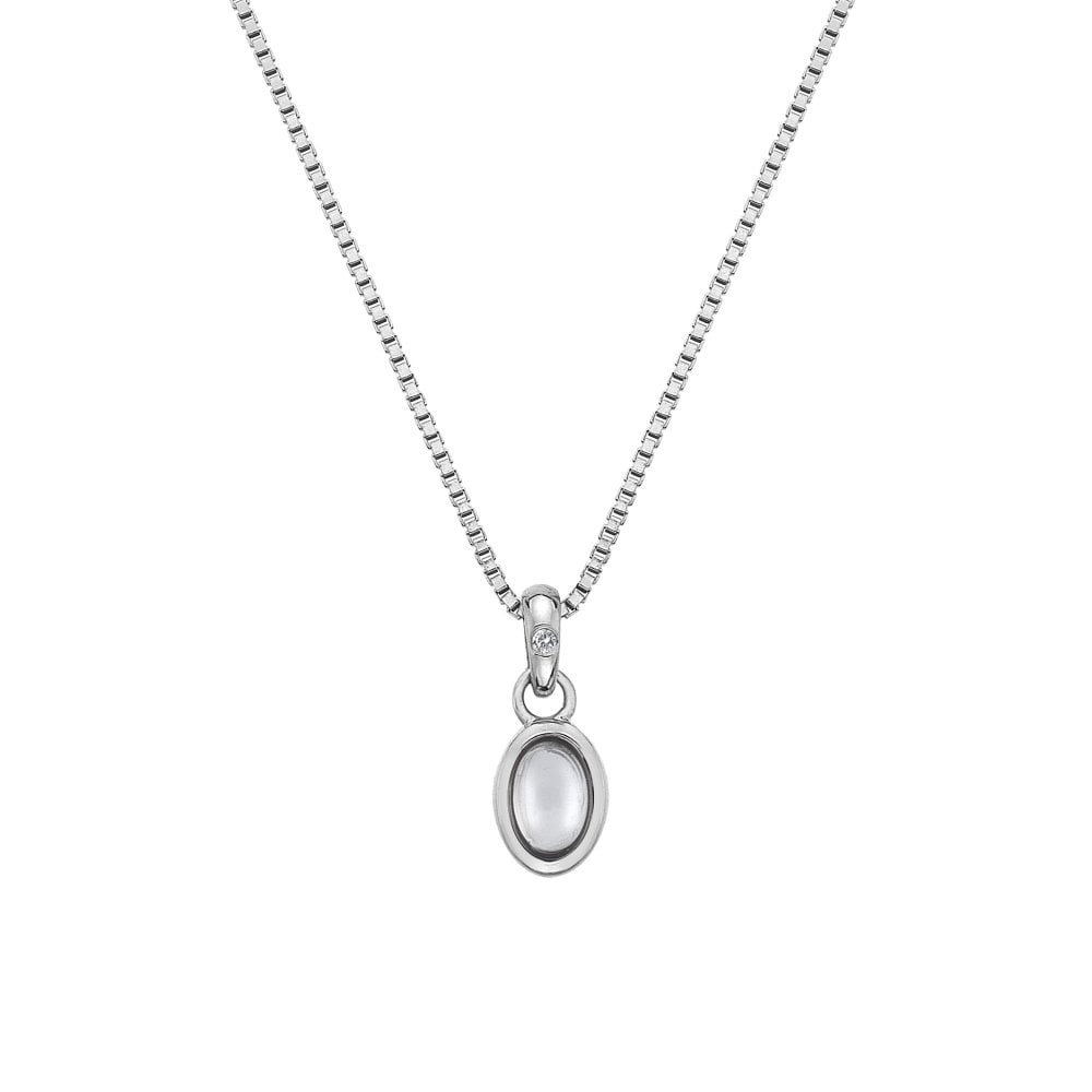 A Birthstone Necklace April - White Topaz with a white pearl on it.