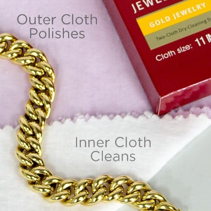Outer CONNOISSEURS GOLD JEWELLERY POLISHING CLOTH polishes and inner cloth cleans.