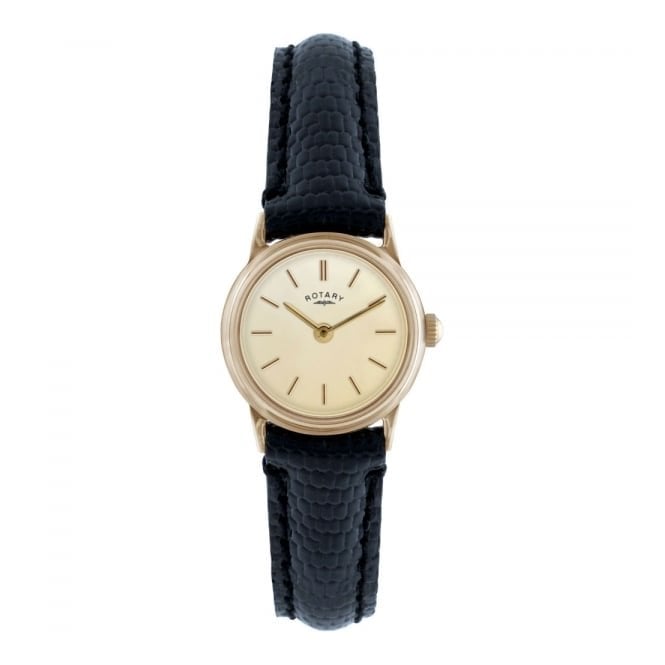 A Rotary 9ct Gold Case Women’s Leather Strap LS11476/03 with black leather strap.