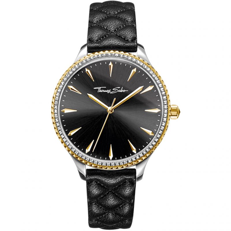 A Thomas Sabo Watch WA0323-221-203-38MM in black and gold with diamonds.